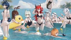  6+girls absurdres amiya_(arknights) animal_ears arknights ass bikini black_bikini black_collar black_hair black_one-piece_swimsuit blue_eyes blue_sky breasts brown_hair cat_ears cat_girl ceobe_(arknights) cleavage collar crossed_legs dated demon_girl demon_horns dog_ears dog_girl duck_innertube eunectes_(arknights) extra_ears fang_out floating green_eyes green_hair grey_hair hair_between_eyes hair_down hair_ornament hairclip head_rest headgear highres horns hugging_object kal&#039;tsit_(arknights) lappland_(arknights) large_breasts long_hair looking_at_viewer looking_back lying multiple_girls navel no_tail oerba_yun_fang on_stomach one-piece_swimsuit outdoors palm_tree puppy_(user_kfpt4478) rabbit_ears rabbit_girl red_eyes red_hair ripples rubber_duck scar scar_across_eye short_hair signature sitting skadi_(arknights) skadi_the_corrupting_heart_(arknights) sky small_breasts snake_tail soaking_feet specter_(arknights) specter_the_unchained_(arknights) stomach surtr_(arknights) swimsuit tail texas_(arknights) tree wading water wet white_bikini white_hair wolf_ears wolf_girl yellow_eyes 