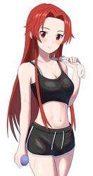  absurdres bare_arms black_shorts black_sports_bra breasts cleavage commission dolphin_shorts female forehead highres holding holding_towel light_blush long_hair looking_at_viewer medium_breasts meibin navel red_eyes red_hair second-party_source shorts skeb_commission smile solo sports_bra sweat sword_art_online sword_art_online:_alicization tiese_schtrinen towel very_long_hair white_background 