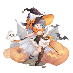  ;3 ;d alternate_costume aqua_hair ascot azur_lane bandaged_leg bandages bat_(animal) bell black_footwear black_thighhighs blue_eyes bow bowtie castle charcoal_carbon chibi dress female full_body ghost grey_hair halloween_costume hat hat_bell hat_bow highres jack-o&#039;-lantern jingle_bell leg_up little_cheshire_(azur_lane) looking_at_viewer multicolored_hair oerba_yun_fang one_eye_closed open_mouth orange_bow orange_bowtie outstretched_arm pumpkin simple_background single_thighhigh skin_fang sleeveless sleeveless_dress smile solo standing streaked_hair thighhighs tomb two-tone_hair white_ascot white_background witch_hat 