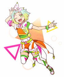  ;d arm_up blue_hair blush commentary_request female full_body gradient_hair green_eyes green_hair green_shirt hair_ornament hairband hairclip headphones headphones_around_neck idol_time_pripara jumping looking_at_viewer midriff multicolored_hair nijiiro_nino nojima_minami oerba_yun_fang one_eye_closed open_mouth orange_shorts outstretched_arm pretty_series pripara shirt shoes short_hair short_sleeves shorts smile sneakers solo thighhighs triangle two-tone_hair white_hairband white_thighhighs wristband 