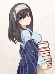  bad_id bad_pixiv_id black_hair blue_eyes blue_shirt blush book book_stack breast_rest breasts carried_breast_rest carrying cropped_torso female grey_background grey_hairband hair_between_eyes hairband holding holding_book idolmaster idolmaster_cinderella_girls long_hair long_sleeves looking_at_viewer looking_to_the_side medium_breasts parted_lips revision sagisawa_fumika shawl shirt simple_background sleeves_past_wrists solo uccow upper_body 