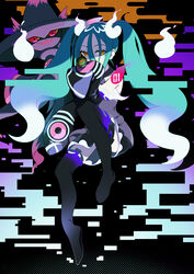  absurdres black_skirt black_thighhighs commentary detached_sleeves dusk_ball eyelashes female ghost_miku_(project_voltage) green_hair grey_shirt hair_between_eyes hand_up hatsune_miku highres long_hair long_sleeves mismagius orange_eyes poke_ball pokemon pokemon_(creature) project_voltage sakuya_93 shirt skirt sleeves_past_fingers sleeves_past_wrists thighhighs twintails vocaloid 