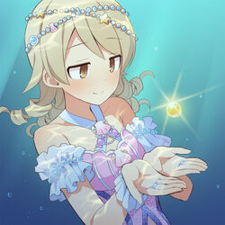  air_bubble bad_id bad_pixiv_id bare_shoulders breasts brown_eyes bubble closed_mouth day dress female glint hands_up idolmaster idolmaster_cinderella_girls jewelry light_brown_hair long_hair morikubo_nono outdoors pink_dress ring seashell shell small_breasts smile solo star_(symbol) uccow underwater upper_body water 