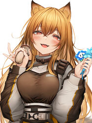  absurdres animal_ear_fluff animal_ears arknights belt blush breasts breath brown_jacket ceobe_(arknights) dog_ears dog_girl extra_ears fangs female hair_between_eyes hands_up highres holding holding_mushroom jacket light_brown_hair long_hair long_sleeves looking_at_viewer mario_(series) multicolored_clothes multicolored_jacket mushroom open_mouth red_eyes simple_background solo super_mario_bros._wonder tab_head two-tone_jacket upper_body white_background white_jacket wonder_flower 