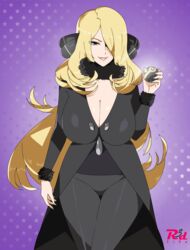  alternate_breast_size black_coat black_pants black_shirt blonde_hair breasts cleavage coat cynthia_(pokemon) female fur-trimmed_sleeves fur_collar fur_trim grey_eyes grin hair_ornament hair_over_one_eye hand_up highres holding holding_poke_ball large_breasts lips long_hair looking_at_viewer luxury_ball pants parted_lips poke_ball pokemon pokemon_dppt purple_background r3dfive shirt smile solo standing starry_background very_long_hair 