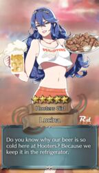  alcohol alternate_costume artist_logo beer beer_mug blue_eyes blue_hair blurry blurry_background brand_of_the_exalt breasts character_name chicken_(food) chicken_leg commission crop_top cup dialogue_box english_text fake_screenshot female fire_emblem fire_emblem_awakening fire_emblem_heroes foam food gacha grin hairband highres holding holding_cup holding_food holding_tray hooters indoors long_hair looking_at_viewer lucina_(fire_emblem) midriff mug navel orange_shorts parted_lips pixiv_commission r3dfive red_lips short_shorts shorts small_breasts smile solo standing stomach tank_top tiara tray very_long_hair waitress wavy_hair white_tank_top 