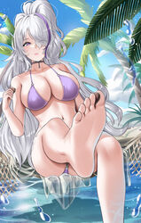  absurdres azur_lane barefoot between_toes bikini breasts buko_(bukosuki) cloud cloudy_sky collarbone day eyelashes feet female foot_focus foot_out_of_frame foreshortening grey_hair hair_over_one_eye hammock hand_up highres holding holding_with_feet large_breasts legs long_hair multicolored_hair navel official_alternate_costume open_mouth outdoors palm_tree purple_bikini purple_hair shadow sitting sky soles solo splashing streaked_hair swimsuit toes tree unzen_(azur_lane) unzen_(sojourn_through_clear_seas)_(azur_lane) very_long_hair water 