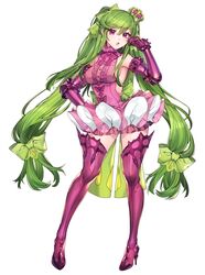  boots bow breasts center_frills crown dress elbow_gloves female frills full_body gloves green_bow green_hair hand_up high_heel_boots high_heels katagiri_hachigou legs_apart long_hair mini_crown no_bra open_mouth personification pink_dress pink_eyes pink_footwear pink_gloves pink_ribbon pokemon ribbon short_dress sideboob simple_background solo spikes standing thigh_boots tri_tails tsareena very_long_hair white_background 