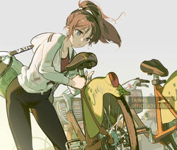  bag bicycle bicycle_basket black_pants blue_eyes breasts brown_hair carrying_bag chinese_commentary closed_mouth collarbone commentary_request cowboy_shot duffel_bag english_text female frown grey_background hood hoodie leaning_forward light_particles long_hair looking_at_object office_lady_taiwan original over_shoulder pants partially_unzipped ponytail repairing shaded_face simple_background small_breasts solo sweat sweatdrop taiwan tennohi white_hoodie wind 