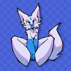  1:1 anthro big_legs blue_eyes canid canine canis chest_tuft convenient_censorship fur hi_res looking_at_viewer male mammal nude sitting solo toony tuft unknownspy white_body white_fur wolf 