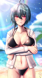  absurdres ahoge arms_under_breasts beach bikini black_bikini black_hair blue_sky breasts cleavage cloud cloudy_sky dead_angels female highres honkai_(series) honkai_impact_3rd jacket large_breasts long_sleeves looking_at_viewer mole mole_under_mouth navel open_clothes open_jacket open_mouth outdoors purple_eyes rainbow raven_(honkai_impact) sand short_hair sky solo swimsuit water white_jacket 