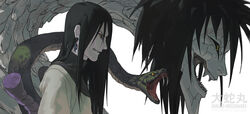  1boy black_hair character_name commentary earrings english_commentary fangs fisher903 from_side frown grin highres jewelry long_hair male_focus monster naruto naruto_(series) ninja open_mouth orochimaru_(naruto) pale_skin simple_background smile snake solo teeth upper_body white_background yellow_eyes 