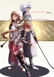  absurdres black_footwear boots brown_hair crosier fan_la_norne full_body highres holding holding_staff holding_sword holding_weapon jin_(xenoblade) long_hair lora_(xenoblade) medium_hair miniskirt pleated_skirt red_hair red_skirt rope short_hair skirt staff standing sukkirito_(rangusan) sword thigh_boots thighhighs weapon white_background white_footwear white_hair xenoblade_chronicles_(series) xenoblade_chronicles_2 xenoblade_chronicles_2:_torna_-_the_golden_country yellow_eyes 