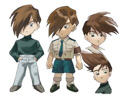  1boy absurdres armband blue_shorts brown_hair commentary_request denim expressionless full_body green_eyes green_necktie green_sweater gundam gundam_wing hair_over_one_eye hands_on_own_hips highres jeans long_sleeves looking_at_viewer male_focus multiple_views necktie pants protected_link short_hair short_sleeves shorts sweater tommmmieee trowa_barton uniform upper_body 