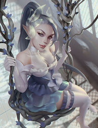  artist_name bare_shoulders blue_dress crystal_rose_zyra dress elbow_gloves gloves green_hair grey_eyes hair_ornament high_heels indoors league_of_legends lips looking_at_viewer olesyaspitz patreon_logo patreon_username plant pointy_ears ponytail sitting solo swing thighhighs vines white_gloves white_thighhighs window zyra 