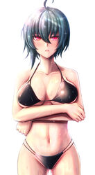  absurdres ahoge arms_under_breasts bikini black_bikini black_hair breasts cleavage dead_angels female highres honkai_(series) honkai_impact_3rd jacket large_breasts looking_at_viewer mole mole_under_mouth navel open_clothes open_jacket open_mouth purple_eyes raven_(honkai_impact) short_hair simple_background solo swimsuit white_background 