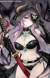  aqua_eyes aqua_nails asymmetrical_gloves bare_shoulders between_thighs black_bra black_gloves black_panties bra breasts bug butterfly butterfly_hair_ornament cleavage cowboy_shot dark_background draph elbow_gloves female fingerless_gloves gloves granblue_fantasy hair_ornament hair_over_one_eye highres holding holding_weapon hood hood_up horns katana large_breasts long_hair looking_at_viewer mintxriddle narmaya_(granblue_fantasy) narmaya_(the_black_butterfly)_(granblue_fantasy) navel official_alternate_costume one_eye_covered panties parted_lips patreon_username pink_hair pointy_ears sheath sheathed solo sword teeth underwear weapon 