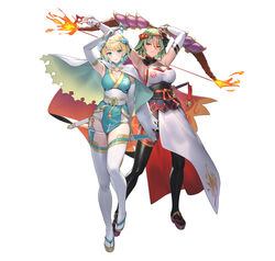  2girls absurdres armpits arms_up bell blonde_hair blue_eyes bow_(weapon) breasts cape capelet cleavage closed_mouth commentary_request cuboon dark-skinned_female dark_skin elbow_gloves fire fire_emblem fire_emblem_heroes fishnets fjorm_(fire_emblem) fjorm_(ninja)_(fire_emblem) full_body gloves gold_trim gradient_clothes gradient_hair grey_hair head_tilt highres holding holding_weapon japanese_clothes jingle_bell kodachi kunai laegjarn_(fire_emblem) laegjarn_(ninja)_(fire_emblem) lips looking_at_viewer mask mask_on_head medium_breasts multicolored_hair multiple_girls ninja obi official_alternate_costume official_art orange_hair pelvic_curtain red_eyes sandals sash sheath sheathed shiny_clothes short_hair short_sword shuriken sideboob simple_background sleeveless smile sword tabi thighhighs two-tone_hair weapon white_background 