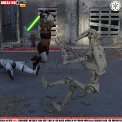  1:1 3d_(artwork) ahsoka_tano alien alien_humanoid b1_battle_droid battle battle_droid colored digital_media_(artwork) female fight fighting_pose green_lightsaber group hi_res holding_object holding_weapon humanoid k0smos lekku_(anatomy) lightsaber machine melee_weapon midriff midriff_top navel not_furry pose robot star_wars stormtrooper toddler togruta weapon young 