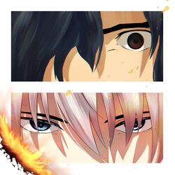  2boys asymmetrical_bangs black_hair blue_eyes burning embers eye_focus fire hair_between_eyes hair_over_eyes hair_over_one_eye highres kagetsu_tooya kishima_kouma looking_at_viewer male_focus multiple_boys nanaya_kiri parted_bangs sakuramoti114 short_hair simple_background swept_bangs tsukihime white_background white_hair 