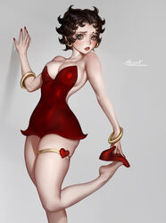  aleriia_v artist_name betty_boop betty_boop_(series) blue_eyes bracelet breasts cleavage commentary dress earrings feet female foot_out_of_frame grey_background high_heels highres hoop_earrings jewelry large_breasts leg_up legs looking_at_viewer messy_hair parted_lips patreon_username red_dress red_footwear red_nails short_hair sideways_glance signature simple_background soles solo web_address 