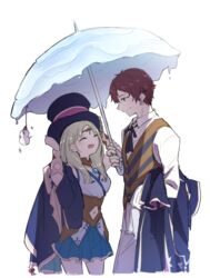  1boy atelier_(series) atelier_lulua blonde_hair brown_hair circlet closed_eyes clothing_cutout coat earrings female ficus_finis hat holding holding_umbrella jewelry karasumi_(aiseec) long_hair looking_at_another melting navel navel_cutout piana_(atelier) shared_umbrella snowman top_hat umbrella unworn_coat 