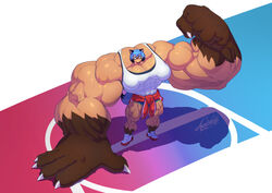  agonwolfe anthro biceps big_muscles brand_new_animal canid canine claws clothing deltoids female flexing forearms fur hi_res huge_arms huge_hands huge_muscles humanoid hyper hyper_muscles mammal michiru_kagemori muscular muscular_female raccoon_dog solo sportswear studio_trigger super_strength superpowers tanuki top_heavy 