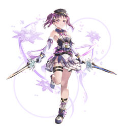  absurdres bare_shoulders black_hat blue_shirt blush boots bow breasts cleavage closed_mouth commentary_request detached_sleeves dual_wielding female frilled_skirt frills full_body fur-trimmed_sleeves fur_trim gloves granblue_fantasy granblue_fantasy_(style) hairbow hat highres holding holding_sword holding_weapon kazuno_leah long_sleeves love_live! love_live!_sunshine!! medium_breasts peaked_cap purple_bow purple_eyes purple_footwear purple_hair saint_snow shaka_(staito0515) shirt simple_background skirt sleeveless sleeveless_shirt smile socks solo standing standing_on_one_leg sword twintails weapon white_background white_gloves white_skirt white_sleeves white_socks 