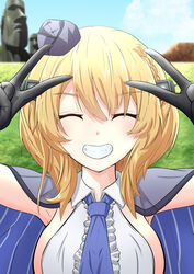  absurdres bad_id bad_pixiv_id black_gloves blonde_hair blue_eyes blue_necktie blue_sky braid breasts capelet closed_eyes cloud colorado_(kancolle) commentary_request day double_v easter_island elbow_gloves facing_viewer female garrison_cap gloves grey_hat grin hat headgear highres kantai_collection large_breasts manjukannon moai necktie outdoors shirt short_hair side_braids sideboob sky sleeveless smile solo upper_body v white_shirt 