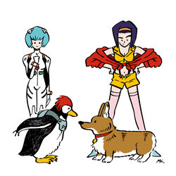  1:1 avian bird blue_hair bodysuit canid canine canis clothing cowboy_bebop crossover domestic_dog ein_(cowboy_bebop) faye_valentine female feral group hair hi_res human mammal mizmaru neon_genesis_evangelion pen_pen_(evangelion) penguin penpen pilot_suit plugsuit purple_hair rei_ayanami skinsuit tight_clothing 