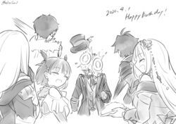  3boys 3girls atelier_(series) atelier_lulua christoph_aurel_arland closed_eyes commentary_request dated elmerulia_fryxell eva_armster ficus_finis greyscale happy_birthday hat karasumi_(aiseec) long_hair monochrome multiple_boys multiple_girls nicodemus_david_dieter piana_(atelier) smile top_hat 