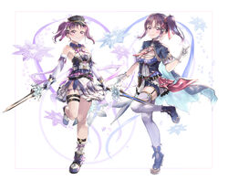  2girls absurdres bare_shoulders black_footwear black_headwear black_shorts blue_shirt blush boots bow bowtie breasts brown_hair cleavage closed_mouth commentary_request detached_sleeves dual_wielding frilled_skirt frills fur-trimmed_sleeves fur_trim garter_straps gloves granblue_fantasy granblue_fantasy_(style) hair_between_eyes hairbow hand_up hat highres holding holding_staff holding_sword holding_weapon index_finger_raised kazuno_leah kazuno_sarah long_sleeves looking_at_viewer love_live! love_live!_sunshine!! medium_breasts multiple_girls necktie peaked_cap pink_bow pink_bowtie puffy_short_sleeves puffy_sleeves purple_bow purple_eyes purple_footwear purple_hair red_bow red_necktie saint_snow shaka_(staito0515) shirt short_shorts short_sleeves shorts siblings side_ponytail sidelocks simple_background sisters skirt sleeveless sleeveless_shirt smile snowflakes socks staff standing standing_on_one_leg sword thighhighs twintails weapon white_background white_gloves white_legwear white_skirt white_sleeves 