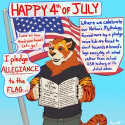  1:1 2020 4th_of_july american_flag anthro black_sclera blue_background book bottomwear canton clothed clothing dated dialogue digital_media_(artwork) english_text felid flag flag_(object) flagpole fur hi_res holding_book holding_object holidays horn hybrid koorivlf koorivlf_tycoon linked_speech_bubble lol_comments male mammal open_book open_mouth pantherine pants pointy_speech_bubble politics procyonid raccoon red_body red_fur shirt signature simple_background smile solo speech_bubble stripes text text_box text_emphasis tiger topwear underline united_states_of_america wavy_speech_bubble year 