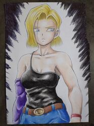  1girls akira_toriyama_(style) android android_18 android_girl armpits arms aura belt big_breasts black_background black_topwear blonde blonde_female blonde_hair blue_eyes breasts clavicle clothed clothes cyborg dragon_ball dragon_ball_super dragon_ball_z energy female fully_clothed human light long_sleeve manga medium_hair milf red_bracelet safe_for_work shoulders shueisha skin skirt toei_animation traditional_art traditional_media weekly_shonen_jump woman yamidanight 