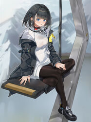  absurdres arknights arknights:_endfield black_footwear black_hair black_pantyhose blue_eyes blush breasts endministrator_(arknights) female female_endministrator_(arknights) full_body gcgr7858 hair_ornament hairclip highres jacket long_sleeves looking_at_viewer mountain open_clothes open_jacket pantyhose parted_lips ribbed_sweater short_hair small_breasts solo sweater white_sweater 