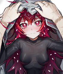  1boy black_bodysuit blush bodysuit breasts bright_pupils collarbone female flaky_(happy_tree_friends) flippy_(happy_tree_friends) happy_tree_friends highres impossible_bodysuit impossible_clothes looking_at_viewer mary_felizola personification pov pov_hands red_eyes red_hair scar scar_on_arm signature small_breasts white_pupils 