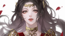  artist_request blurry_eyes brown_eyes brown_hair cai_lin_(doupo_cangqiong) chinese_commentary collar doupo_cangqiong dress earrings falling_petals female hair_ornament highres jewelry lips long_hair looking_at_viewer metal_collar parted_lips petals pointy_ears portrait red_dress second-party_source simple_background solo teeth white_background 