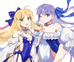  2girls :o ahoge artoria_caster_(fate) artoria_caster_(swimsuit)_(fate) artoria_caster_(swimsuit)_(third_ascension)_(fate) artoria_pendragon_(fate) bare_shoulders blonde_hair blue_choker blue_one-piece_swimsuit blue_ribbon breasts choker citrusarjun cleavage clothing_cutout collarbone commentary_request covered_navel facial_mark fate/grand_order fate_(series) forehead_mark green_eyes hair_ribbon highleg highleg_swimsuit highres long_hair looking_at_viewer meltryllis_(fate) meltryllis_(swimsuit_lancer)_(fate) meltryllis_(swimsuit_lancer)_(second_ascension)_(fate) multiple_girls one-piece_swimsuit one_eye_closed parted_bangs purple_eyes purple_hair ribbon simple_background small_breasts smile swimsuit very_long_hair white_background 