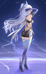  absurdres ass back bare_shoulders breasts closed_mouth dealesis detached_sleeves dress english_commentary expressionless female full_body genshin_impact gradient_gloves grey_hair hair_ornament high_heels highres kneepits long_hair looking_at_viewer medium_breasts pink_eyes purple_sleeves skirk_(genshin_impact) solo standing very_long_hair 