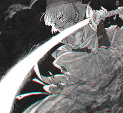  1boy blood blood_on_face blurry bridal_gauntlets bug chin_strap cowboy_shot depth_of_field eyeliner fighting_stance floating_clothes floating_hair from_side glowing glowing_sword glowing_weapon hair_between_eyes hands_up hat ishikirimaru japanese_clothes kariginu long_sleeves looking_ahead makeup male_focus monochrome nishioki_tama nosebleed purple_eyes scar scar_on_cheek scar_on_face short_hair solo spot_color sword torn_clothes touken_ranbu unsheathed weapon wide_sleeves 