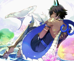  1boy arjuna_(fate) arjuna_alter_(fate) armlet armor back barefoot black_hair commentary dark-skinned_male dark_skin fate/grand_order fate_(series) flower full_body highres horns indian_clothes knees_up light_particles looking_at_viewer looking_back lotus male_focus partially_submerged profile short_hair solo tail vega00211 water 