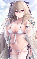  anchorage_(azur_lane) anchorage_(dolphins_and_swim_lessons)_(azur_lane) azur_lane bikini black_bow bow breasts cleavage cloud collarbone cowboy_shot crossed_bangs detached_sleeves female hairbow heart highres holding holding_phone large_breasts light_brown_hair long_hair navel official_alternate_costume phone pink_eyes rika_ryne see-through see-through_sleeves side-tie_bikini_bottom signature sky smile solo swimsuit thighhighs wet white_bikini white_thighhighs 