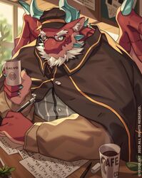  absurd_res anthro beard beverage clothing coffee dragon eyebrows facial_hair galvo hair hat headgear headwear hi_res lifewonders live_a_hero male mature_male mythological_creature mythological_scalie mythology red_body scalie solo thick_eyebrows white_hair wings yed 