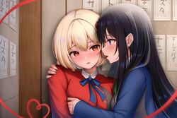  2girls akayuki471 black_hair blonde_hair bob_cut candy chocolate dress food food_in_mouth grey_dress heart heart-shaped_chocolate heart_of_string highres hug imminent_kiss indoors inoue_takina long_hair looking_at_another lycoris_recoil lycoris_uniform menu mouth_hold multiple_girls neck_ribbon nishikigi_chisato pleated_dress profile purple_eyes red_dress red_ribbon ribbon two-tone_dress valentine yuri 