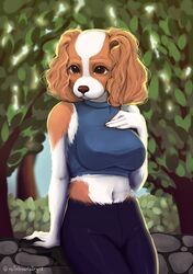  anthro beagle bottomwear breasts brown_eyes canid canine canis clothing cobblestone crop_top domestic_dog female floppy_ears forest hand_on_breast hand_on_ground hi_res hunting_dog leaning_on_wall leggings legwear mammal pants plant rainbowfairy18 scent_hound shirt signature sleeveless_shirt solo tight_bottomwear tight_clothing tight_pants topwear tree wall_(structure) 