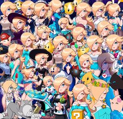  6+girls ?_block absolutely_everyone absurdres alternate_costume animal_ears aqua_dress aqua_eyes bespectacled biker_rosalina black_lips blonde_hair blue_dress blue_eyes blue_leotard breasts brooch business_suit cat_ears cat_rosalina cat_tail cleavage cleavage_cutout clothing_cutout collarbone crown dress earrings everyone eyeshadow eyewear_on_head glasses grey_eyeshadow hair_over_one_eye hat highres jewelry leotard long_sleeves luma_(mario) maid makeup mario_(series) multiple_girls multiple_persona off-shoulder_dress off_shoulder one_eye_covered pantyhose playboy_bunny polaris_(star) police police_uniform purple_eyeshadow purple_lips ribbed_sweater rosalina rosalina_(halloween) rosalina_(swimwear) sailor_dress sarukaiwolf star_(symbol) star_brooch star_earrings strapless strapless_leotard suit sweater tail uniform visor_cap wedding_dress witch_hat zero_suit 