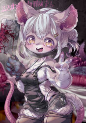  accessory anthro blood bodily_fluids breasts butcher clothing female fishnet_clothing fishnet_leggings fishnet_legwear gesture gore hair_accessory hairpin hand_gesture hi_res japanese_text kemono leggings legwear mammal maomao31 mouse murid murine noseless one_glove rodent solo text v_sign 