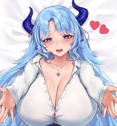  animal_ears blue_eyes blue_hair blush breasts cleavage collarbone collared_shirt covered_nipples cow_ears cow_girl cow_horns female heart horns huge_breasts incoming_hug indie_virtual_youtuber jewelry long_hair lying miilkywayz mole mole_under_mouth necklace on_back open_mouth padoruu partially_unbuttoned purple_horns reaching reaching_towards_viewer second-party_source shirt solo sparkling_eyes star-shaped_pupils star_(symbol) symbol-shaped_pupils upper_body virtual_youtuber white_shirt 