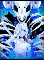  absurdres animal_skeleton aqua_flower artist_name bare_arms bare_shoulders black_background black_nails blood blue_blood blue_eyes blue_flower blue_petals blue_theme bone breasts cleavage closed_mouth colored_skin dot_nose female fingernails flower giant_skeleton goat_horns goma_irasuto hair_over_one_eye hand_on_own_face highres horns letterboxed long_hair looking_down medium_breasts mole mole_under_eye off_shoulder open_mouth original petals ribs sharp_teeth signature skeleton solo spine standing tank_top teeth upper_body white_hair white_skin white_tank_top white_theme 