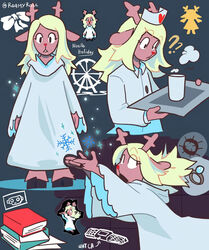  absurd_res adolescent amusement_ride anthro antlers blonde_hair book bow_ribbon buckteeth clock clothing confusion deer deltarune digit_ring doe_with_antlers empty_eyes engagement_ring female ferris_wheel flat_chested floating freckles hair hi_res hooded_robe hooves horn ice jewelry long_hair magic magic_user mammal new_world_deer noelle_holiday nurse_clothing nurse_uniform open_mouth pain platinum_blonde red_nose reindeer ring roamyrose robe robe_only self-harm silhouette snow snowgrave solo spiked_ring teeth undertale_(series) uniform watch wedding_ring white_clothing white_robe wristwatch young young_anthro 